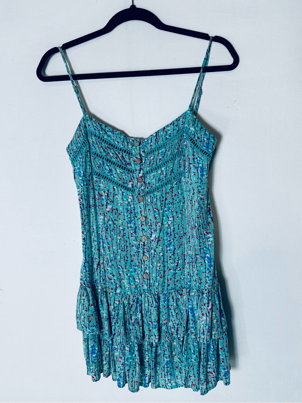 Ali & Kris Teal Abstract Print Ruffle Mini Dress Sundress M Festival Cottagecore